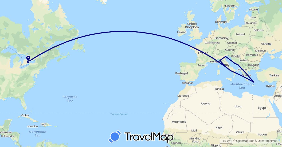 TravelMap itinerary: driving in Canada, Greece, Croatia, Italy (Europe, North America)
